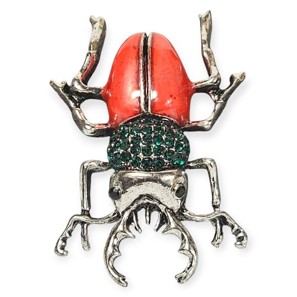 Vintage Style Beetle Brooch Red Enamel Body Green Rhinestones Insect Pin Jewelry - Picture 2 of 4